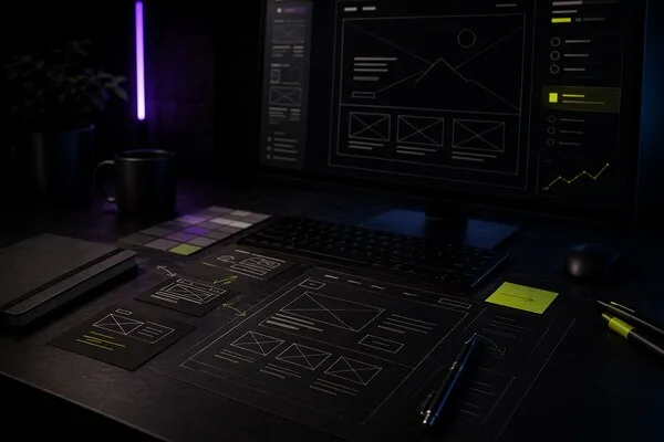 Dark workspace with wireframes and design tools