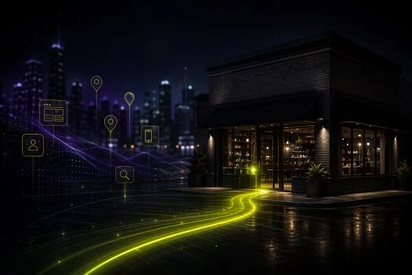 Local storefront with digital growth lines