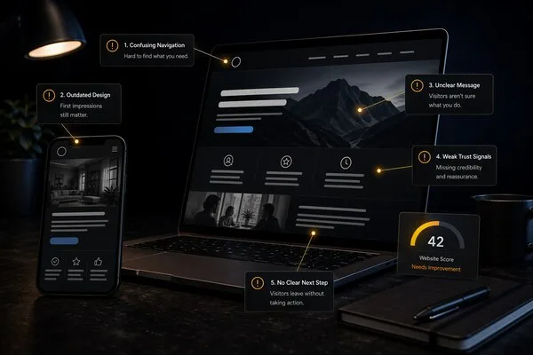 Laptop with five website problem callouts annotated