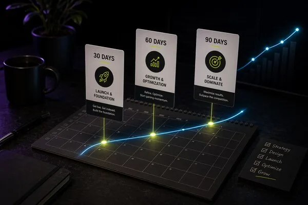 Three milestone cards showing 30, 60, and 90 day progress with growth line