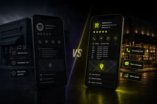 Two phones side by side comparing a neglected vs optimized business listing