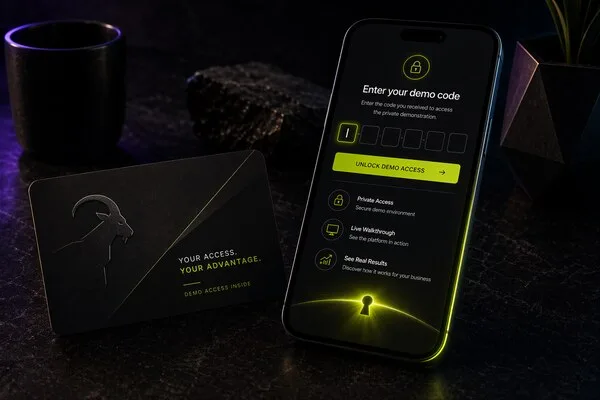 Business card and phone showing demo code entry screen