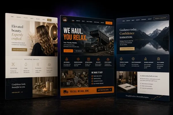 Three distinct website designs side by side — salon, junk removal, financial advisor