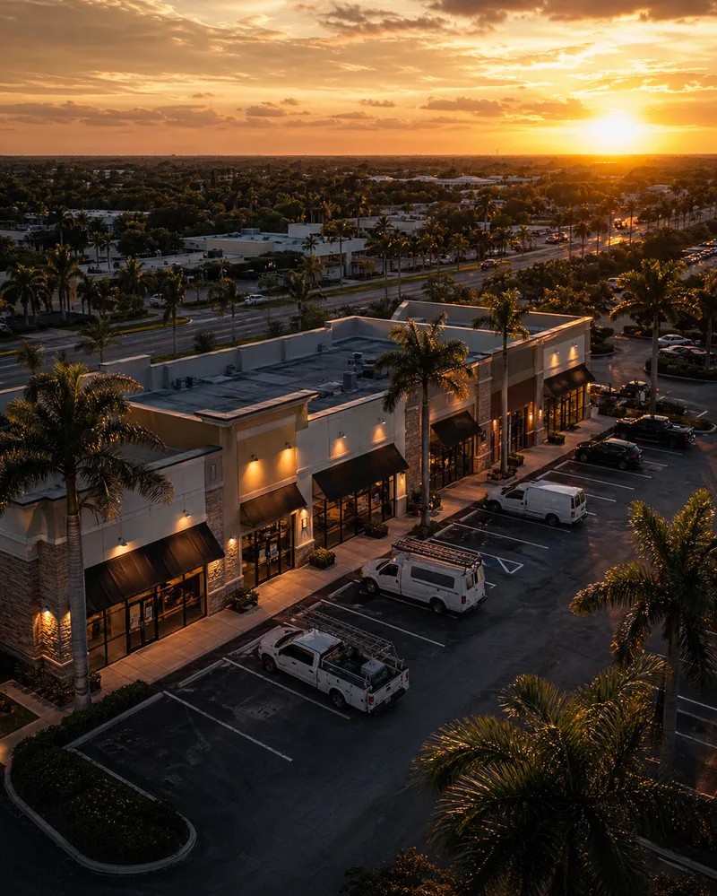 Southwest Florida commercial district at golden hour — the local businesses Digital Goat serves