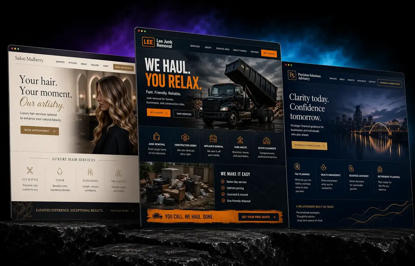 Website previews for a salon, junk removal company, and financial advisor — built by Digital Goat Consulting