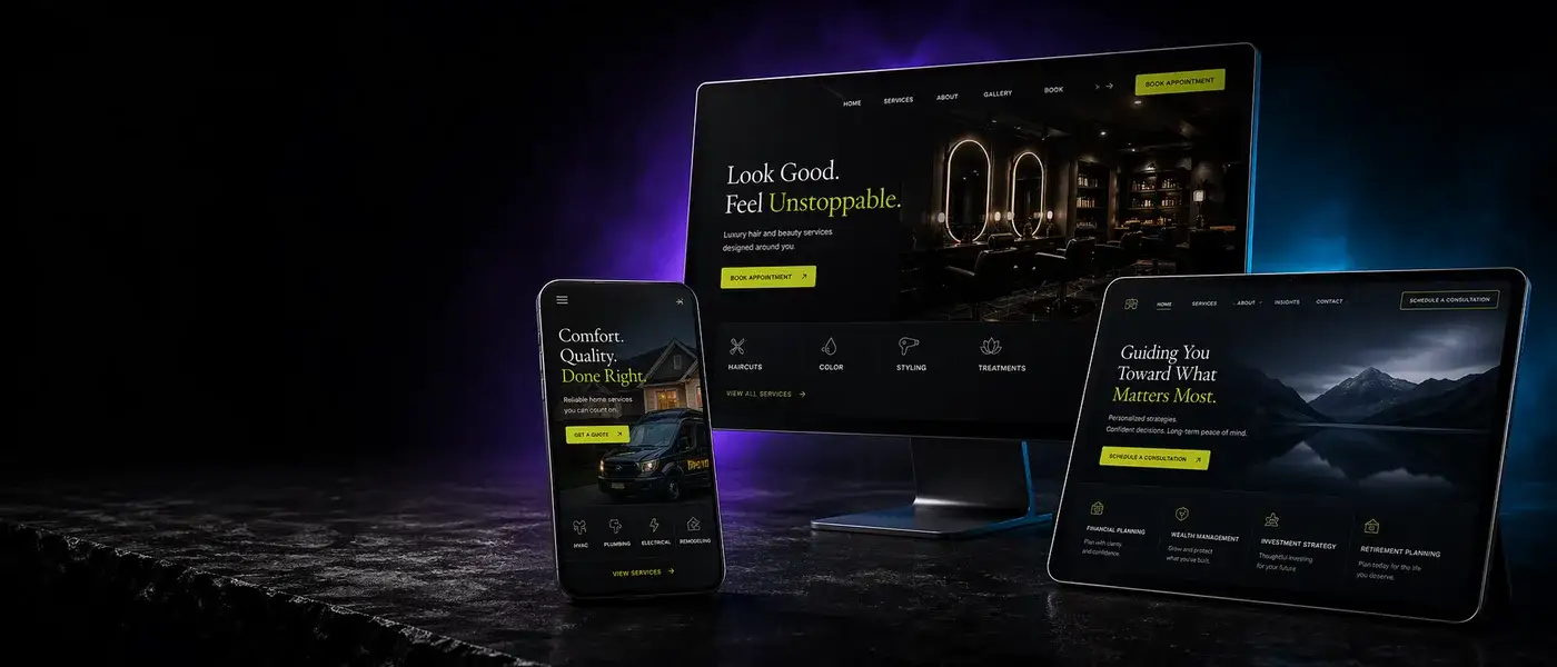 Website previews across phone, tablet, and desktop devices