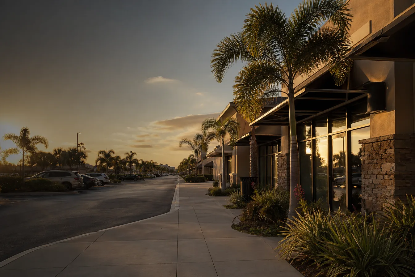 Bonita Springs commercial corridor at golden hour