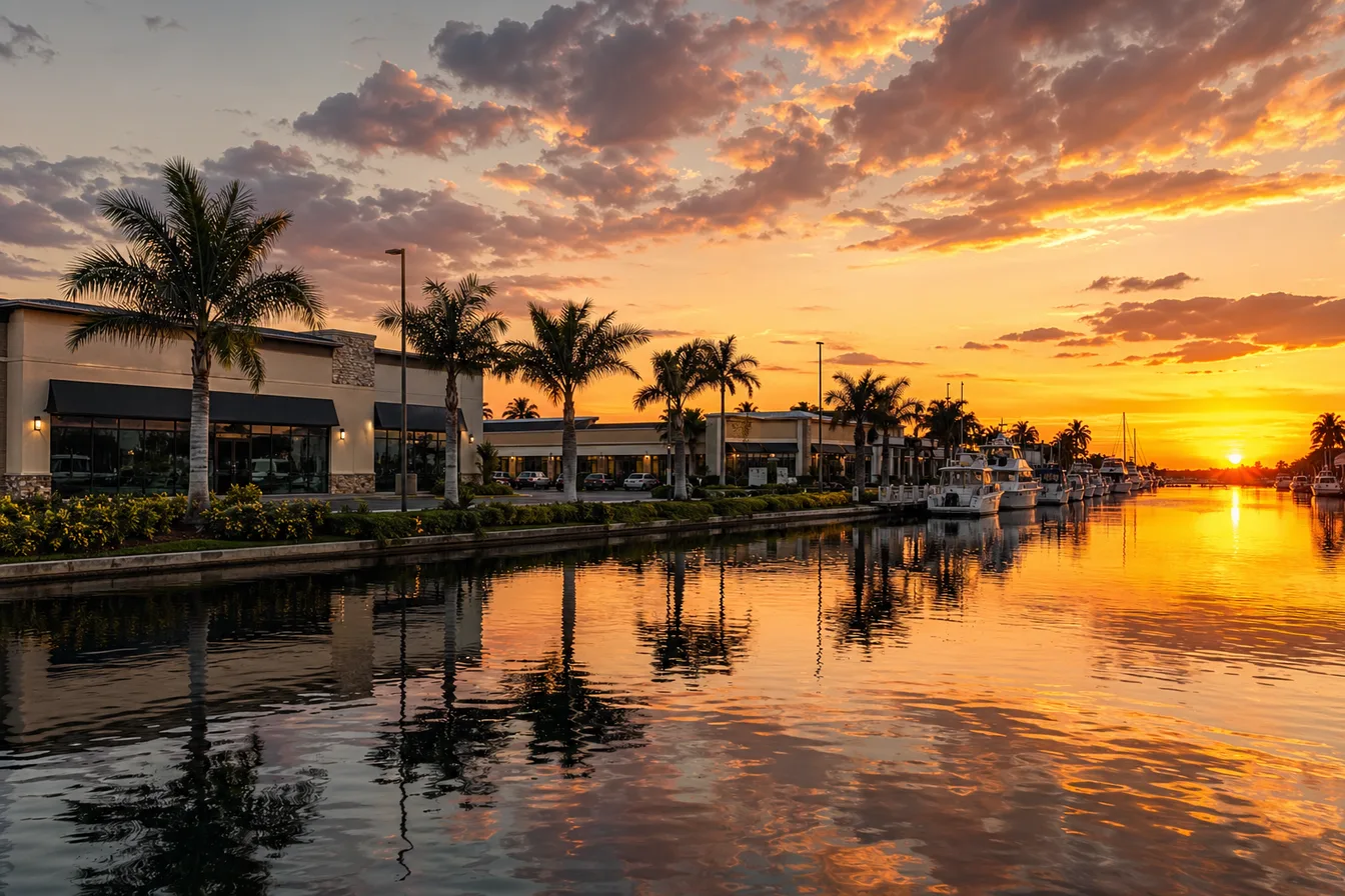 Cape Coral canal-front commercial area at sunset