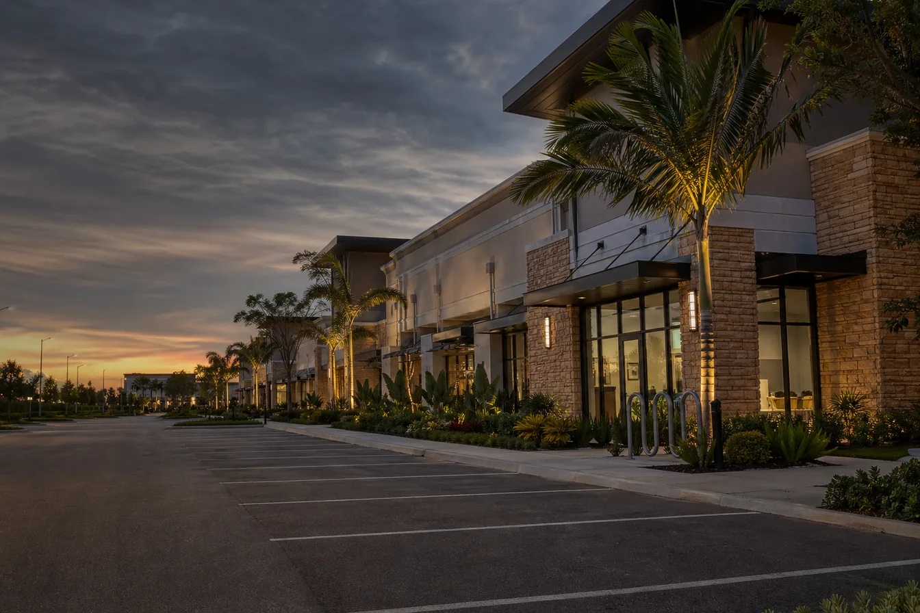 Estero retail and professional office corridor at dusk