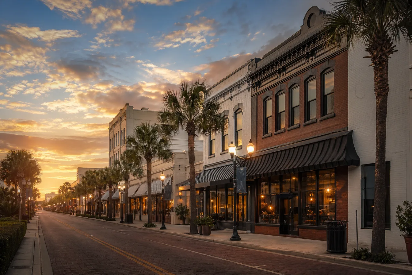 Downtown Fort Myers commercial district at golden hour