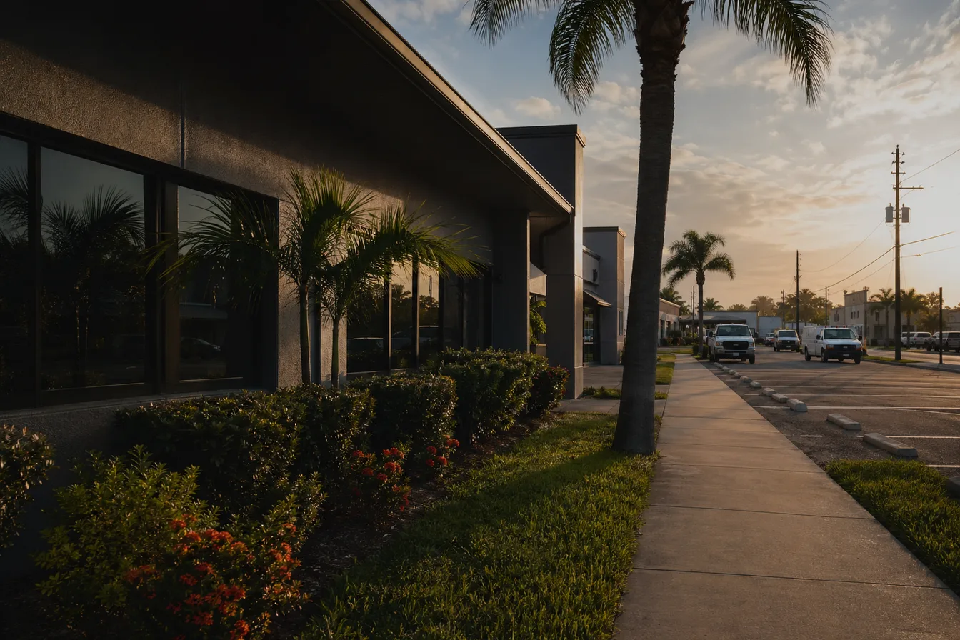 Lehigh Acres commercial district with local service businesses at warm afternoon light