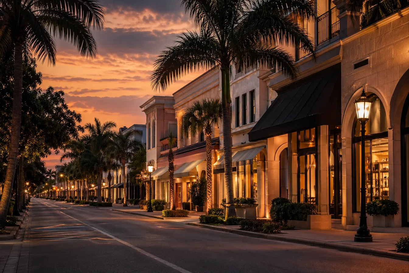 Downtown Naples commercial district at dusk