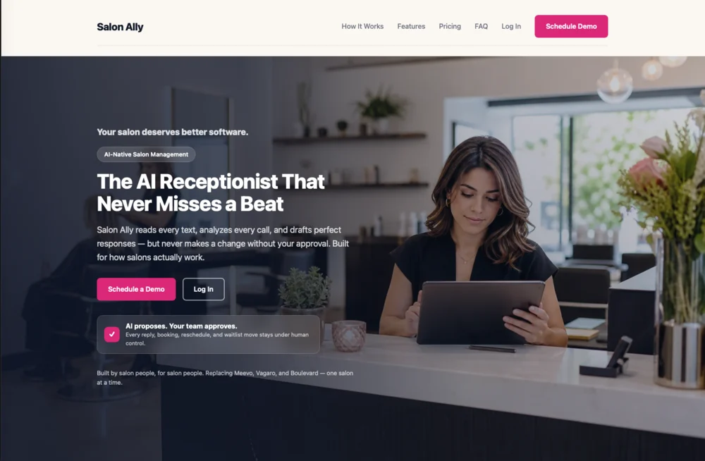 Salon Ally AI-native salon management software homepage