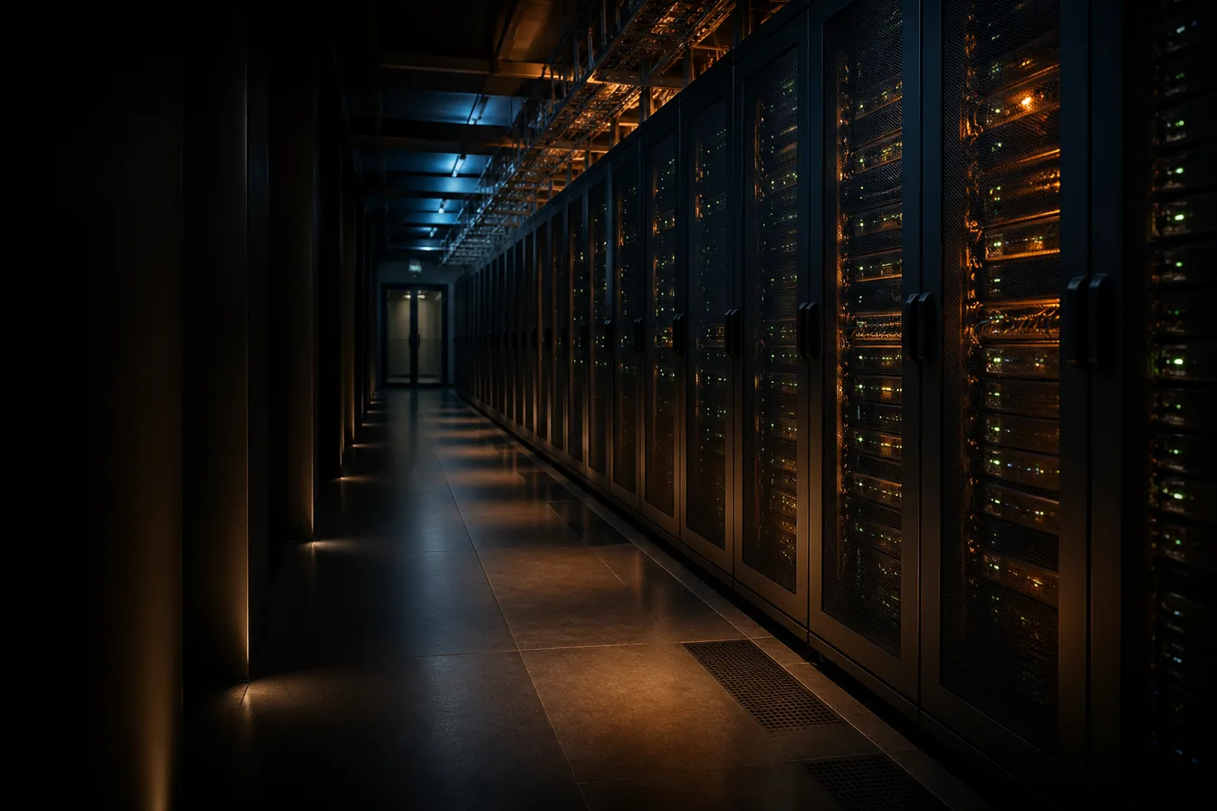 Server infrastructure with warm and cool lighting in a premium data center