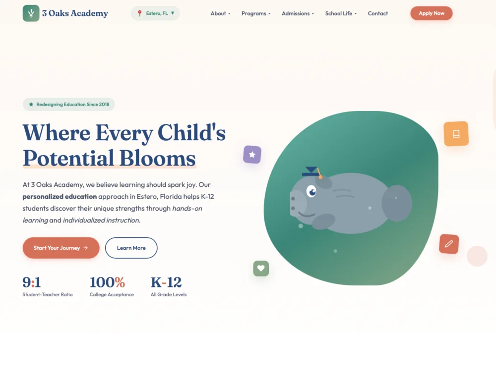 3 Oaks Academy school website concept for Estero Florida